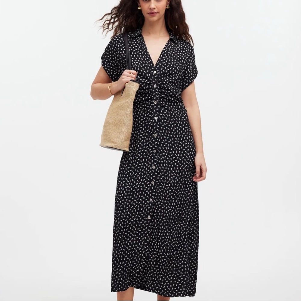 Madewell Black Floral Midi Shirt Dress